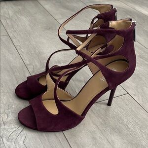 NWOT MICHAEL KORS Eggplant Purple Suede Open Toe Strappy Heels, Size 8